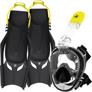 image:imageBody Glove  Free Breathing Snorkel Full FACE MASK Setwith FINSTravel BagAnti FogAnti LeakPanoramic ViewCamera MountOpen WaterScuba DivingSnorkeling GearSET SM  4585