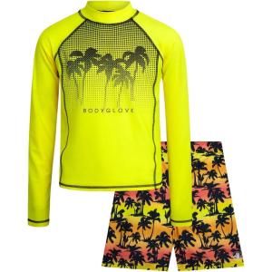 image:imageBody Glove Boys Swim Set  2 Piece Boys Swim Trunks with Rash Guard UV Protection Swimsuit Kids Bathing Suits Sizes 412Neon Yellow Palm Trees