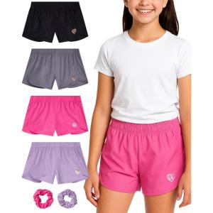 image:imageBody Glove Girls Athletic Shorts  4 Pack Active Performance Fleece Running Short  Girls Gym Workout Dolphin ShortsBlackFuchsiaPurpleCharcoal Solid