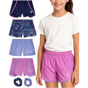 image:imageBody Glove Girls Athletic Shorts  4 Pack Active Performance Fleece Running Short  Girls Gym Workout Dolphin ShortsNavy HeartsPink Purple