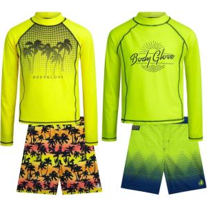 image:imageBody Glove Boys Swim Set  4 Piece UPF 50 Swim Trunks and Rash Guard for Boys Kids Swimwear Set Sizes 412Neon GreenYellow Palm Trees