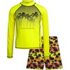image:imageBody Glove Boys 2 Piece Swim Set Rash Guard amp Swim Trunks Sizes 412  UPF 50 Sun Protection QuickDry Lightweight Fabric for Beach and Pool Days Matching Print Stretch Comfort Fit for KidsNeon Yellow Palm Trees