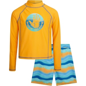 image:imageBody Glove Boys 2 Piece Swim Set Rash Guard amp Swim Trunks Sizes 412  UPF 50 Sun Protection QuickDry Lightweight Fabric for Beach and Pool Days Matching Print Stretch Comfort Fit for KidsOrange Turquoise