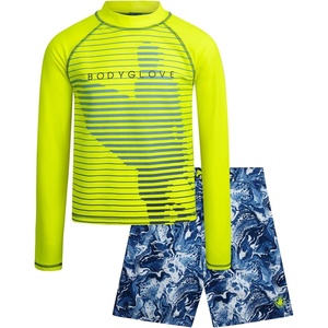 image:imageBody Glove Boys 2 Piece Swim Set Rash Guard amp Swim Trunks Sizes 412  UPF 50 Sun Protection QuickDry Lightweight Fabric for Beach and Pool Days Matching Print Stretch Comfort Fit for KidsYellow Swirl Surf