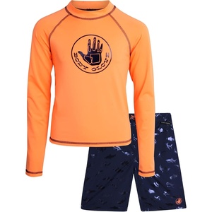 image:imageBody Glove Boys 2 Piece Swim Set Rash Guard amp Swim Trunks Sizes 412  UPF 50 Sun Protection QuickDry Lightweight Fabric for Beach and Pool Days Matching Print Stretch Comfort Fit for KidsOrange Sharks