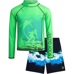 image:imageBody Glove Boys 2 Piece Swim Set Rash Guard amp Swim Trunks Sizes 412  UPF 50 Sun Protection QuickDry Lightweight Fabric for Beach and Pool Days Matching Print Stretch Comfort Fit for KidsGreen Blue Surf